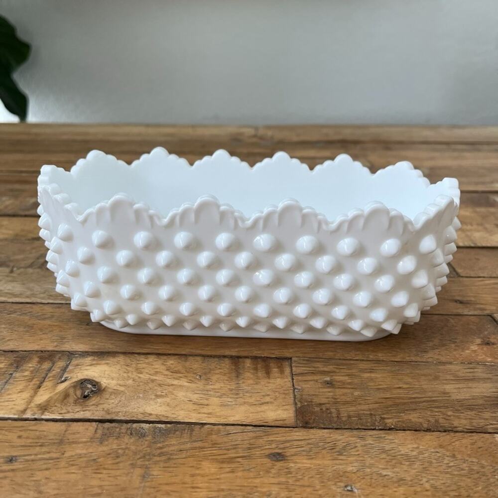 White Milk Glass Hobnail Oval Planter 8.5 in Scallop Edge